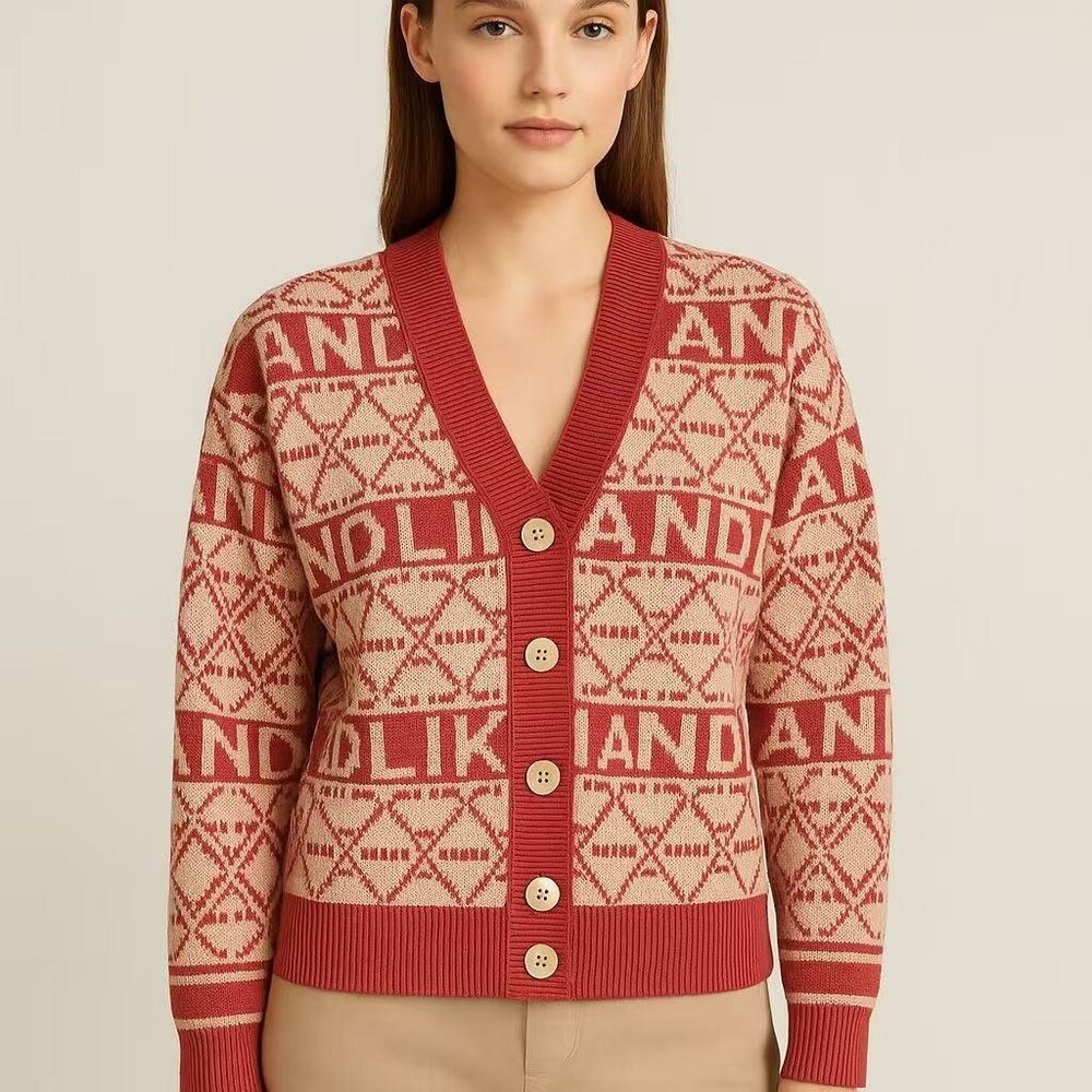 Red & Beige Logo Knit Cardigan – NWOT